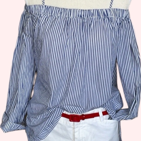Velvet Heart Blue Preppy Oxford Pinstripe Off Shoulder Top Adjustable Strap Sz M - Picture 3 of 11
